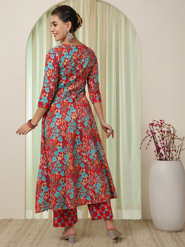 Pink Cotton Calf Length Printed V-Neck Semi-Flared Kurta Palazzo Set