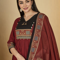 Gulmohar Jaipur Rayon Calf Length Solid 3/4 Sleeves V-Neck Flared Kurta Suit Set