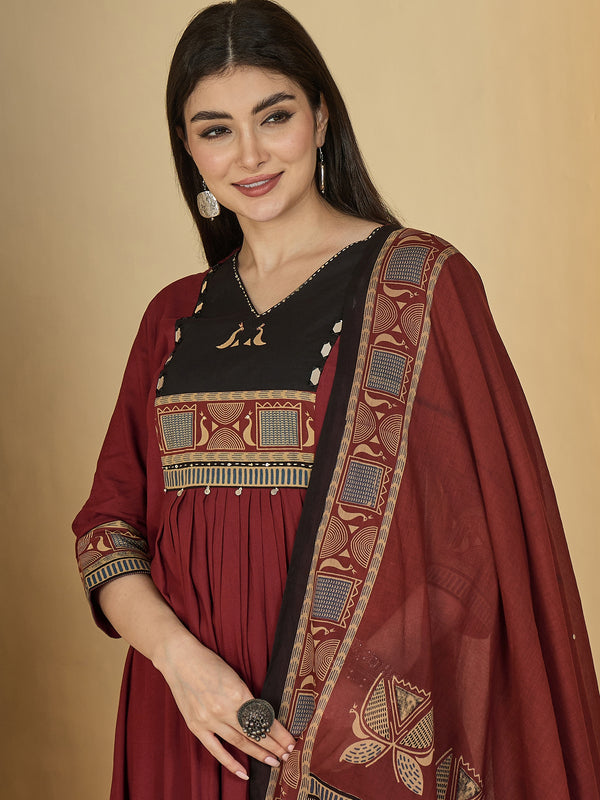Gulmohar Jaipur Rayon Calf Length Solid 3/4 Sleeves V-Neck Flared Kurta Suit Set
