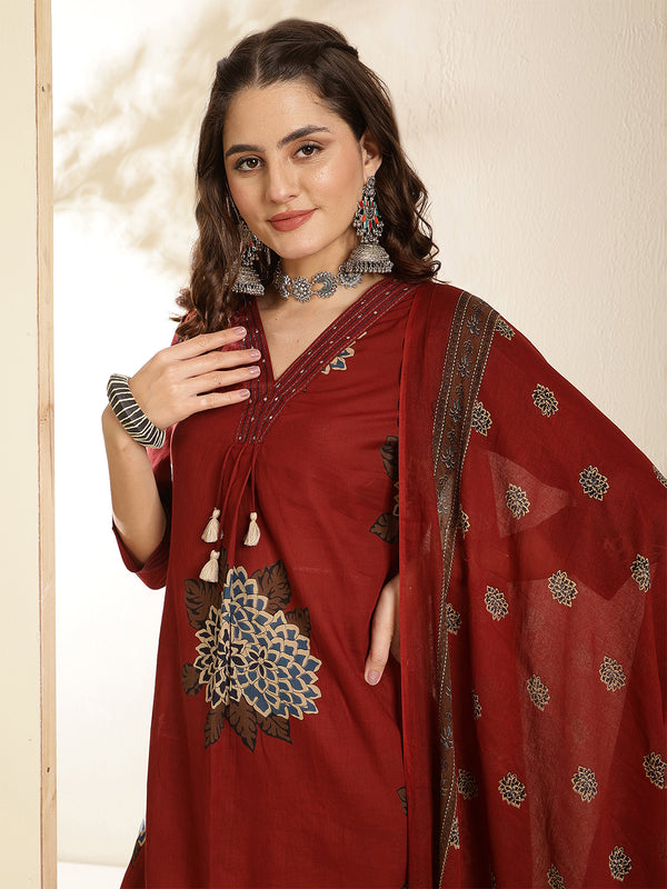 Maroon Pure Cotton Printed 3/4 Sleeves V-Neck Straight Kurta Suit Set