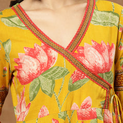 Cotton Ankle Length Printed 3/4 Sleeves V-Neck Flared Kurta