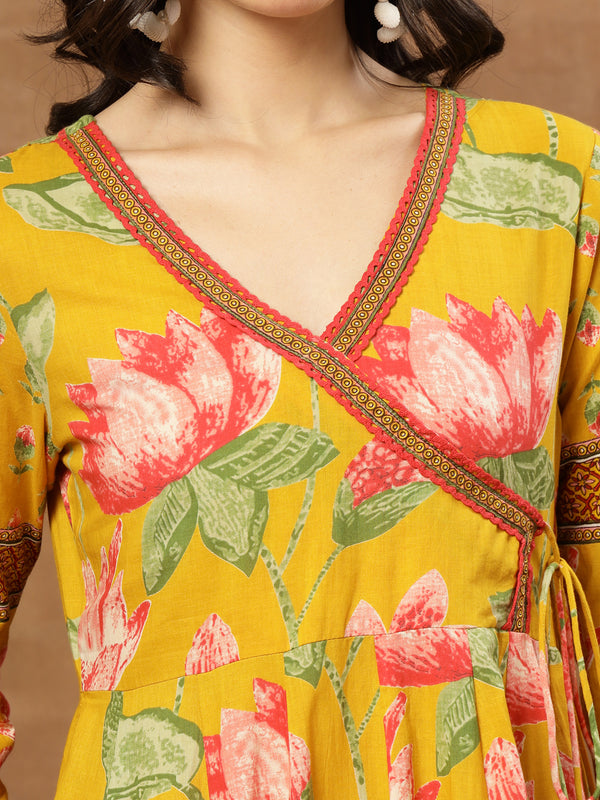 Cotton Ankle Length Printed 3/4 Sleeves V-Neck Flared Kurta