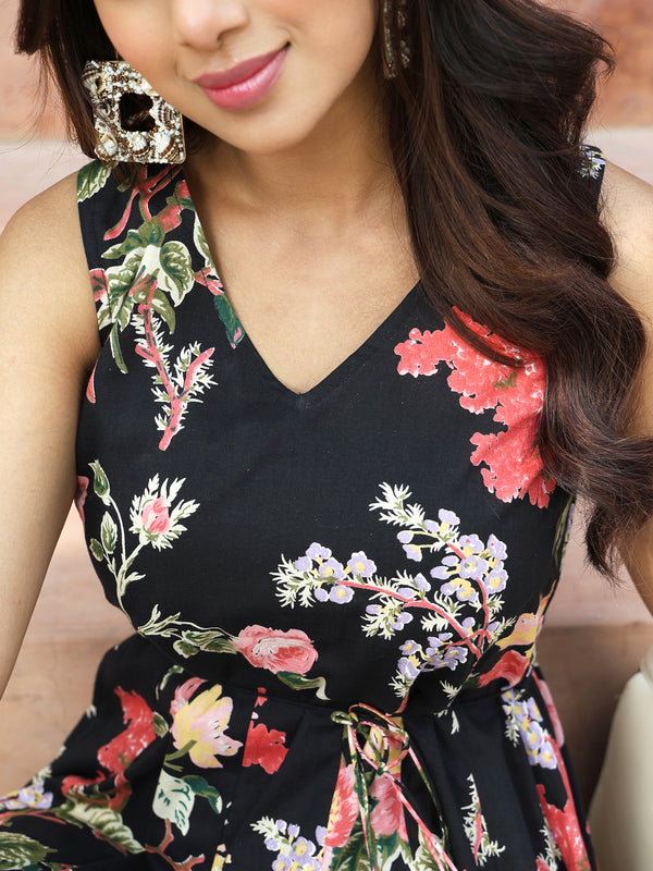 Black Cotton Ankle Length Printed Flared V-Neck Dress
