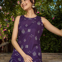 Gulmohar Jaipur Rayon Calf Length Printed Sleeveless Round Neck A-Line Kurta Suit Set