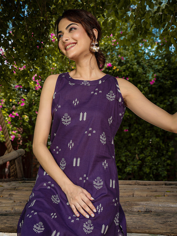 Gulmohar Jaipur Rayon Calf Length Printed Sleeveless Round Neck A-Line Kurta Suit Set