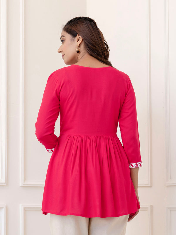 Pink Rayon Hip Length Solid V-Neck Solid Embroidered Semi-Flared Top