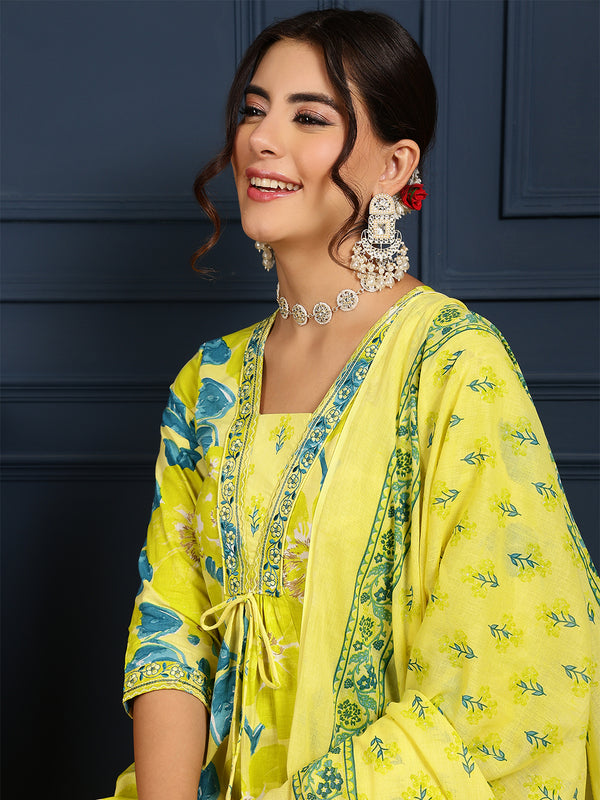 Lime Cotton Calf Length Printed V-Neck Flared Kurta Suit Set