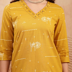 Gulmohar Jaipur Rayon Calf Length Printed 3/4 Sleeves V-Neck Straight Kurta Suit Set