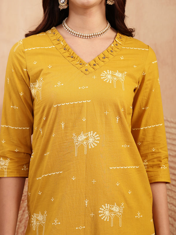 Gulmohar Jaipur Rayon Calf Length Printed 3/4 Sleeves V-Neck Straight Kurta Suit Set