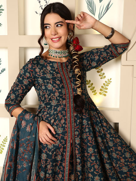 Teal Cotton Calf Length Printed Round Anarkali Neck Kurta Suit Set