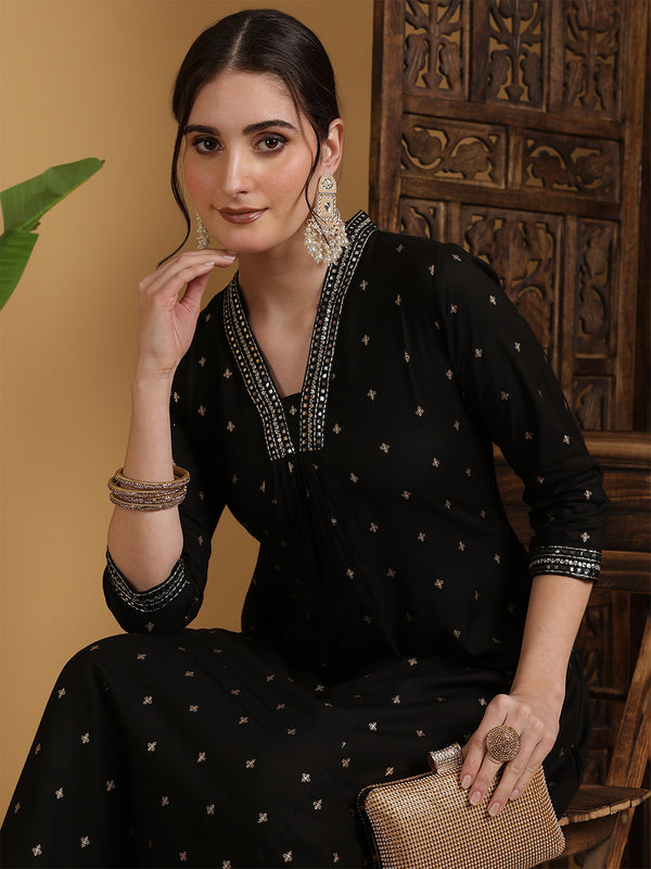 Black Rayon Calf Length Solid Semi-Flared V-Neck Kurta