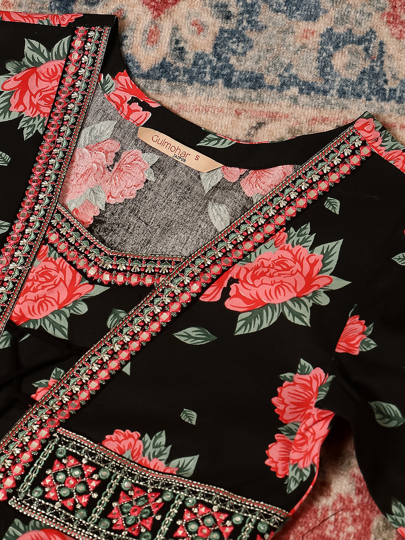 Black Rayon Calf Length Printed V-Neck Anarkali Kurta Suit Set