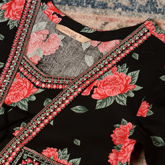 Black Rayon Calf Length Printed V-Neck Anarkali Kurta Suit Set