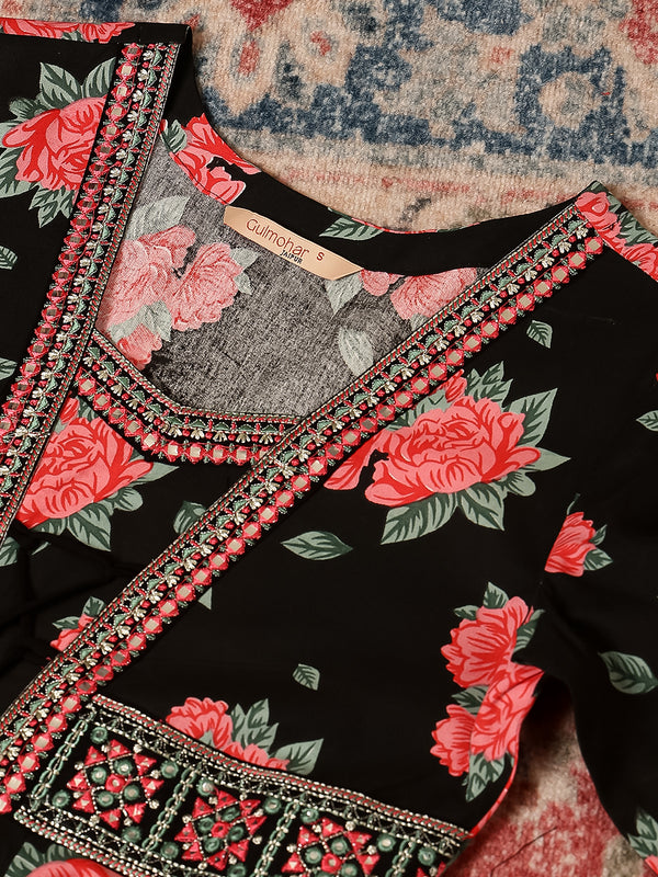 Black Rayon Calf Length Printed V-Neck Anarkali Kurta Suit Set