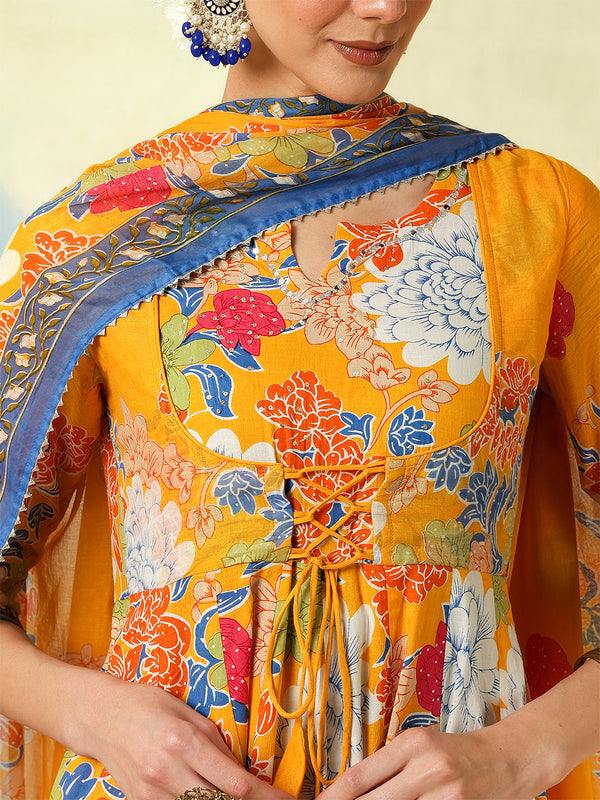 Blue Pure Cotton Printed Hand-Work Anarkali Kurta Suit Set