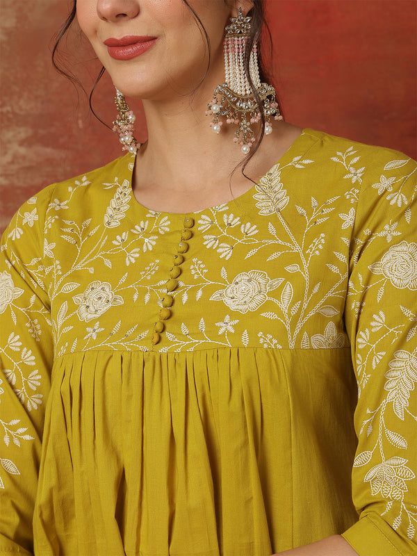 Lime Rayon Solid Hand-Work Round Neck Semi-Flared Kurta Suit Set
