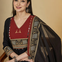 Gulmohar Jaipur Rayon Calf Length Solid 3/4 Sleeves V-Neck Flared Kurta Suit Set