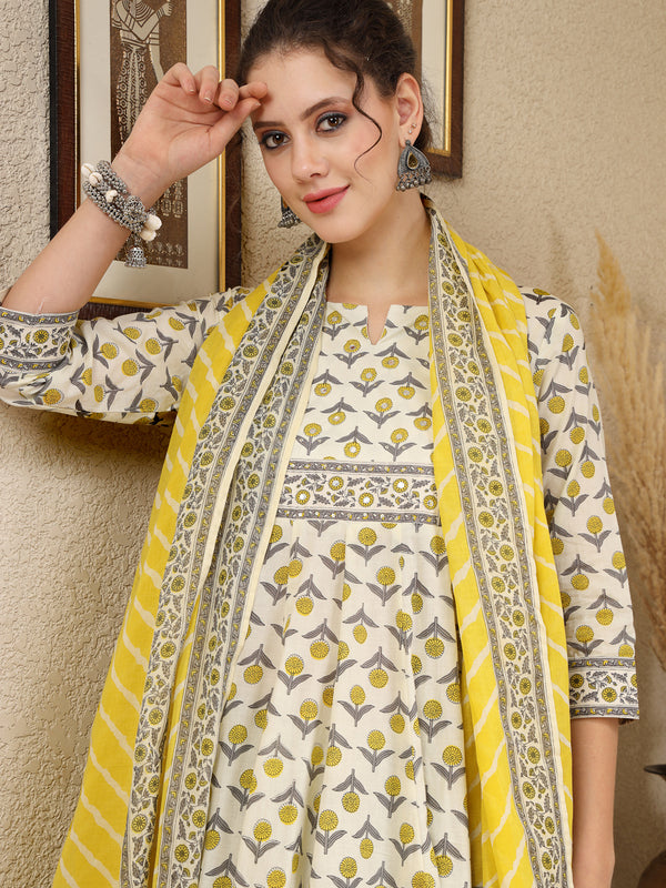 Lemon Cotton Calf Length Printed Round Neck Anarkali Kurta Suit Set