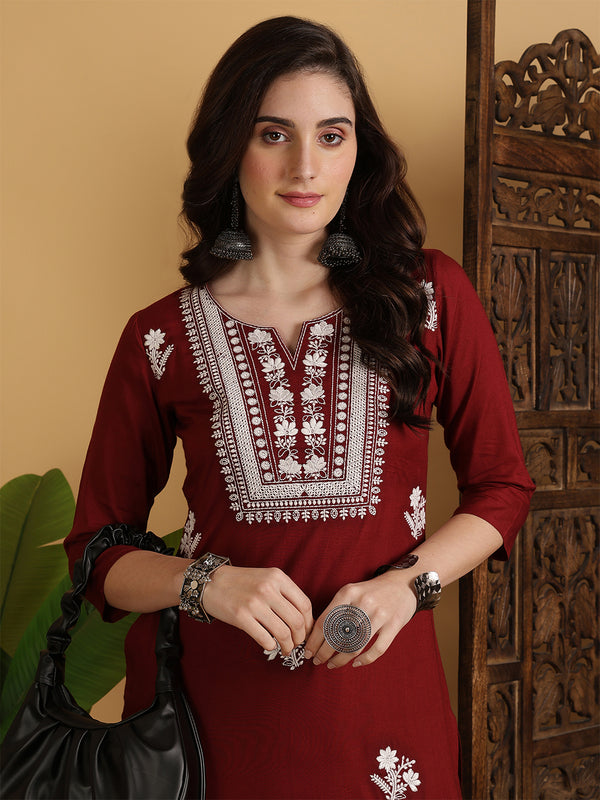 Maroon Rayon Embroidered Calf Length Solid Straight Round Neck Kurta