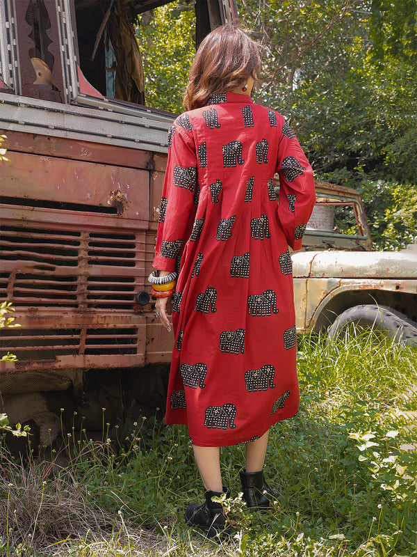 Gulmohar Jaipur Cotton Calf Length Printed Full Sleeve Shirt Collar Flared Dress