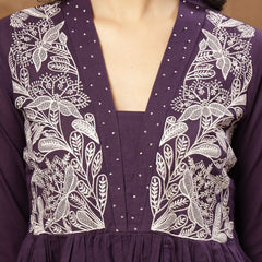 Cotton Calf Length Solid 3/4 Sleeves V-Neck Flared Kurta Suit Set