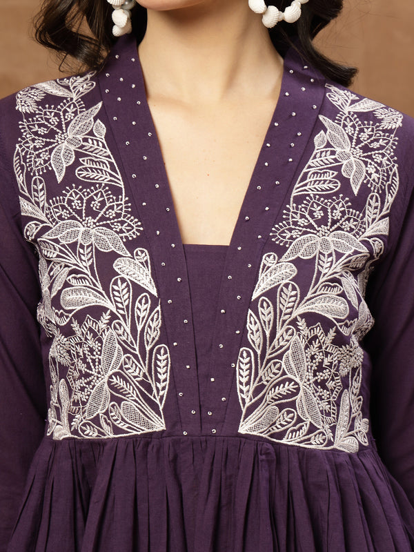 Cotton Calf Length Solid 3/4 Sleeves V-Neck Flared Kurta Suit Set