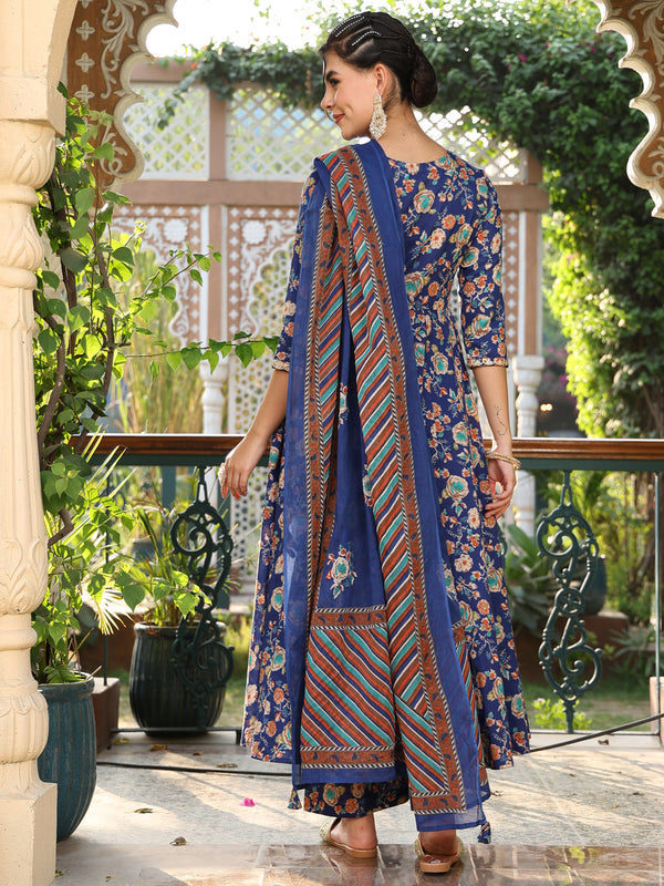 Blue Cotton Calf Length Printed Round Neck Anarkali Kurta Suit Set