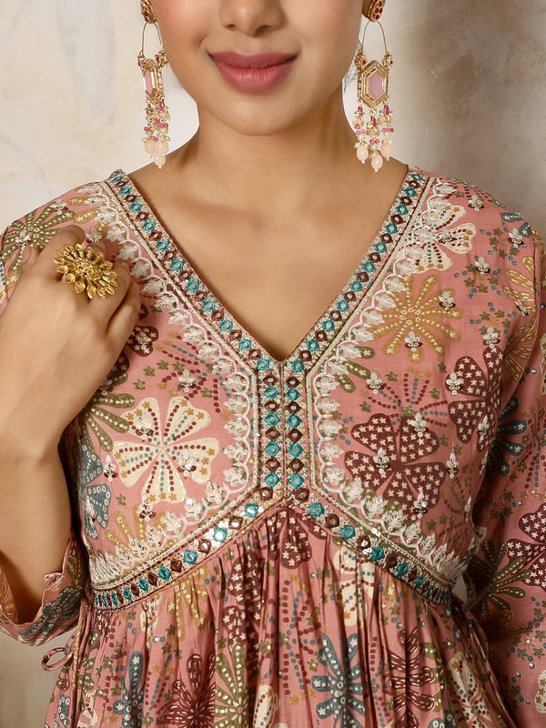 Pink Rayon Calf Length Printed V-Neck Flared Kurta Suit Set