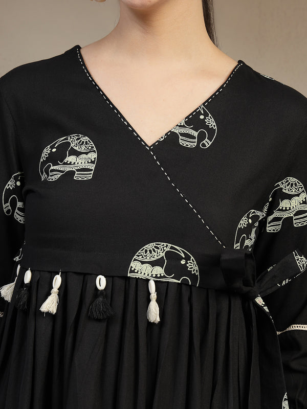 Gulmohar Jaipur Rayon Hip Length Printed 3/4 Sleeves V-Neck Flared Top