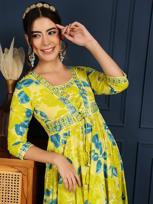 Lime Cotton Ankle Length Printed V-Neck  Anarkali Gown