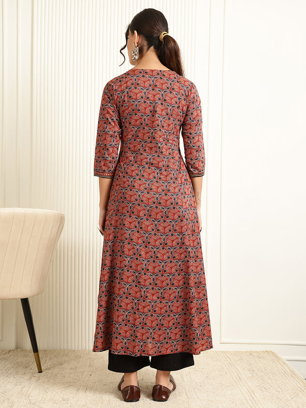 Maroon Rayon Calf Length Printed Round Neck Flared Kurta