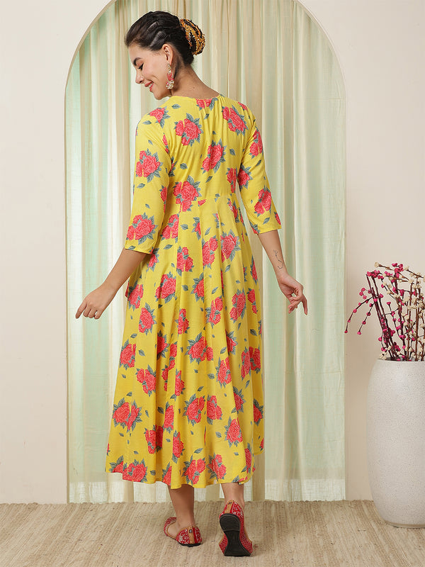 Yellow Rayon Calf Length Printed Flared V-Neck Kurta