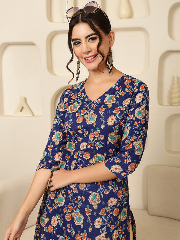 Blue Cotton Calf Length Printed V-Neck Straight Kurta