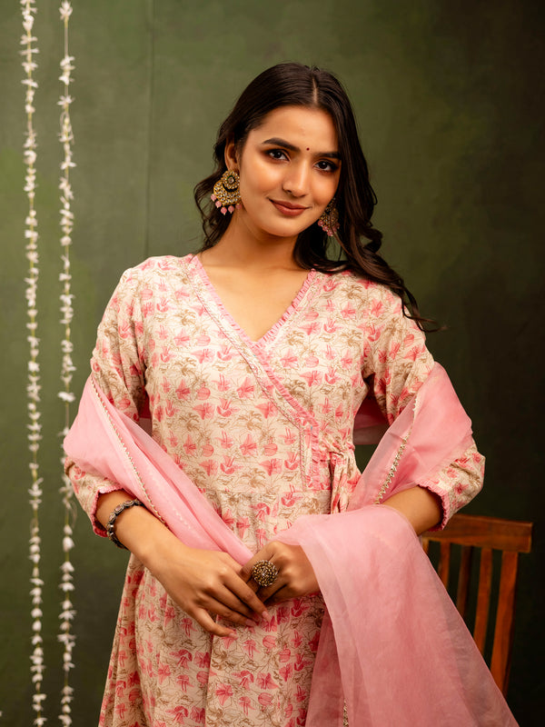 Off White Cotton Calf Length Printed Flared Angrakha Kurta Suit Set
