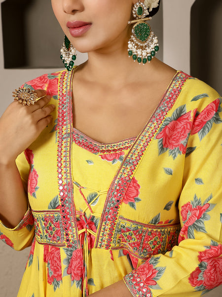 Lemon Rayon Calf Length Printed V-Neck Anarkali Kurta Suit Set
