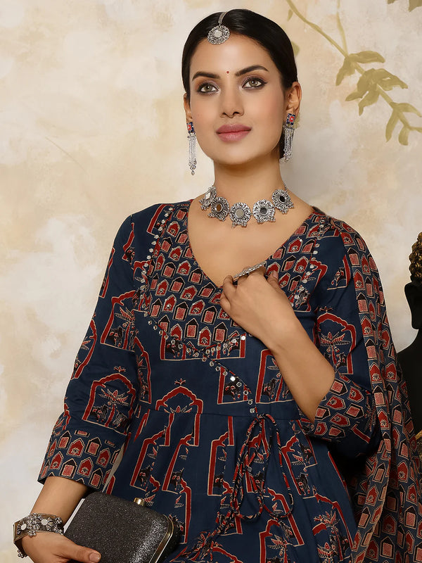 Cotton Calf Length Printed V-Neck Anarkali Kurta Suit Set