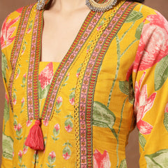 Cotton Calf Length Printed 3/4 Sleeves V-Neck Flared Kurta Suit Set