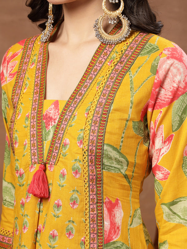 Cotton Calf Length Printed 3/4 Sleeves V-Neck Flared Kurta Suit Set