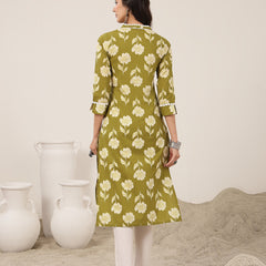 Gulmohar Jaipur Cotton Calf Length Printed 3/4 Sleeves V-Neck Anarkali Kurta Suit Set