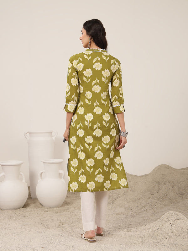 Gulmohar Jaipur Cotton Calf Length Printed 3/4 Sleeves V-Neck Anarkali Kurta Suit Set