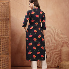 Gulmohar Jaipur Cotton Calf Length Printed 3/4 Sleeve V-Neck Straight Kurta