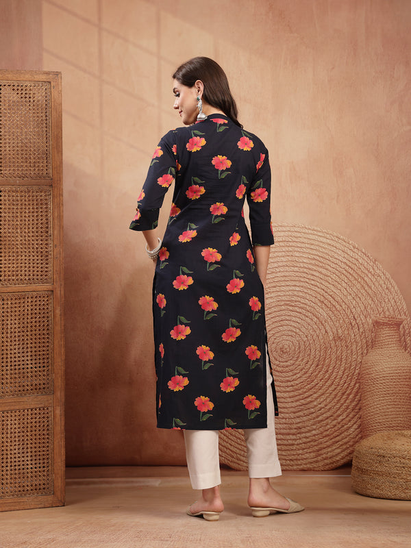 Gulmohar Jaipur Cotton Calf Length Printed 3/4 Sleeve V-Neck Straight Kurta