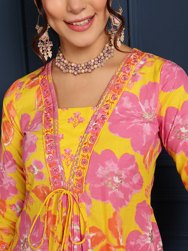 Yellow Cotton Calf Length Printed V-Neck Flared Kurta Suit Set