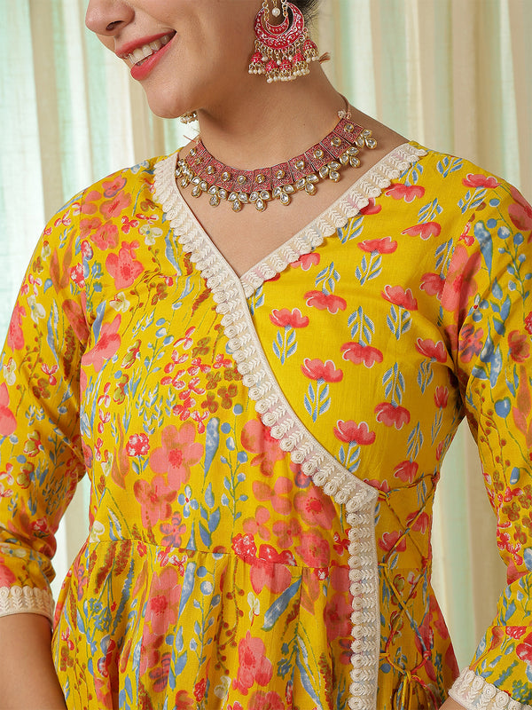 Blue Cotton Calf Length Printed Anarkali V-Neck Kurta Suit Set