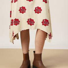 Rayon Calf Length Printed Sleeveless Round Neck Asymmetrical Dress