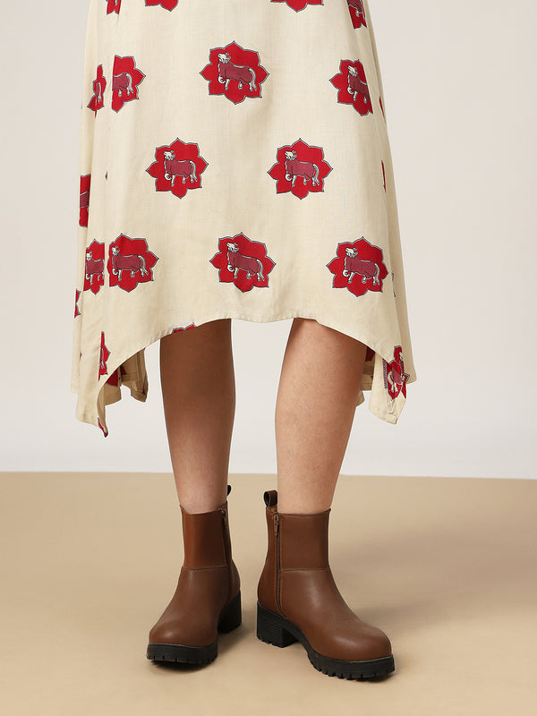 Rayon Calf Length Printed Sleeveless Round Neck Asymmetrical Dress