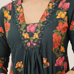 Rayon Calf Length Printed 3/4 Sleeve V-Neck Flared Kurta