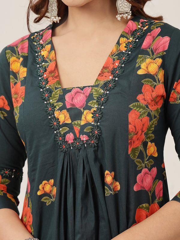 Rayon Calf Length Printed 3/4 Sleeve V-Neck Flared Kurta