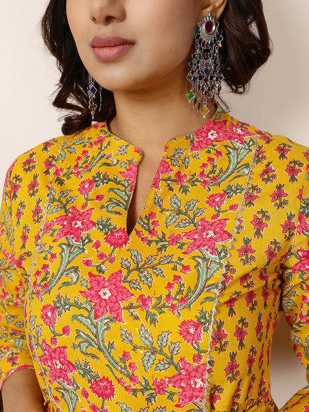 Mustard Cotton Calf Length Printed Round Flared Gown