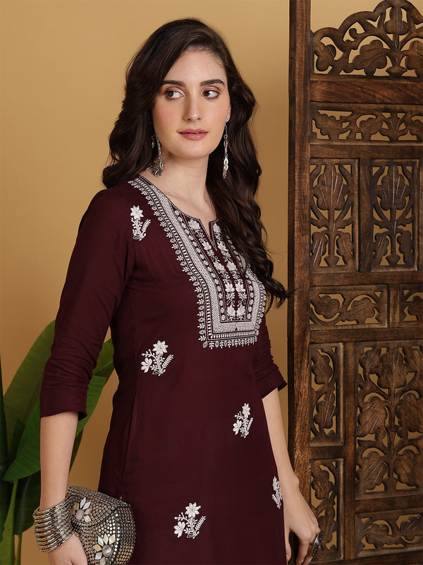 Wine Rayon Embroidered Calf Length Solid Straight Round Neck Kurta